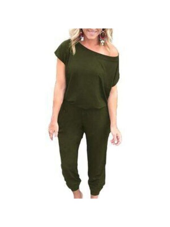 Pants - Women's Summer Jumpsuit Rompers Off Shoulder with Pockets, Army Green